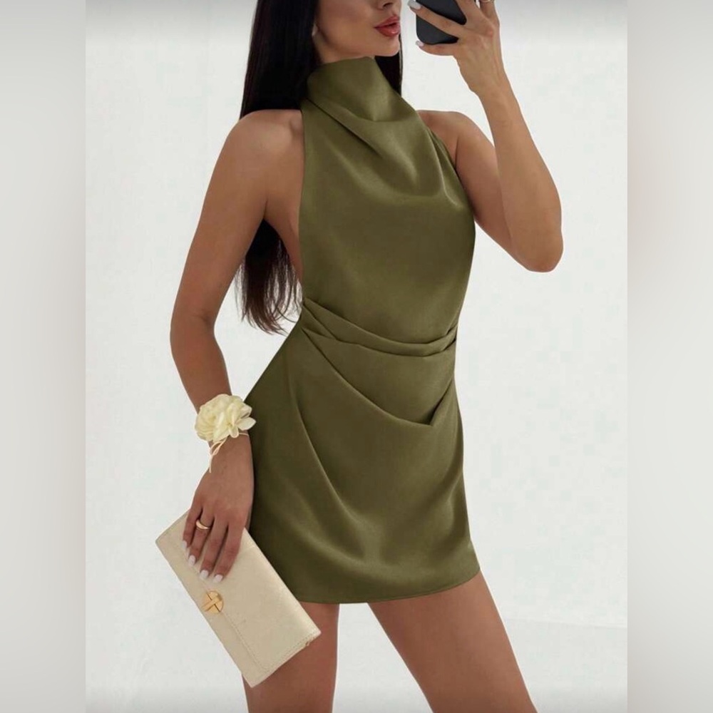 Olive Green Halter Satin Mini Dress | Size Small | BRAND NEW NEVER WORN